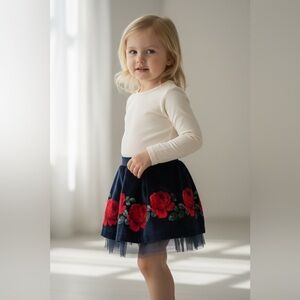 Janie and Jack Navy Skirt with Red Floral Design